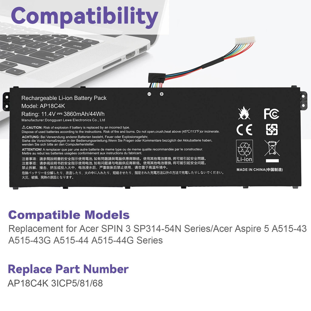 AP18C4K Battery for Acer Aspire 5 A515-43 A515-44G A515-54G 3ICP5/81/68 44Wh