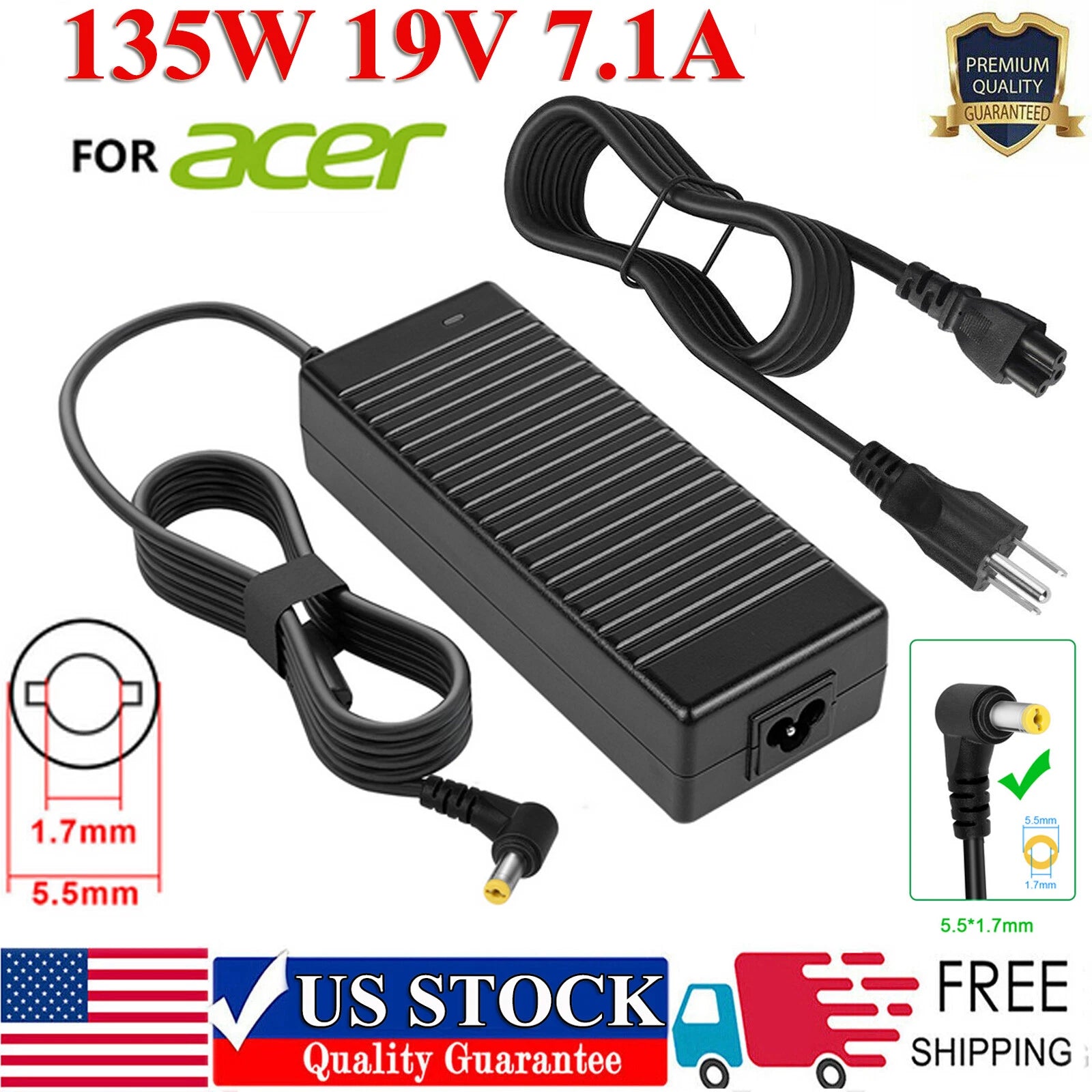 Power Supply For Acer Nitro 5 AN515 Charger AC Adapter 135W 19V 7.1A 5.5*1.7mm