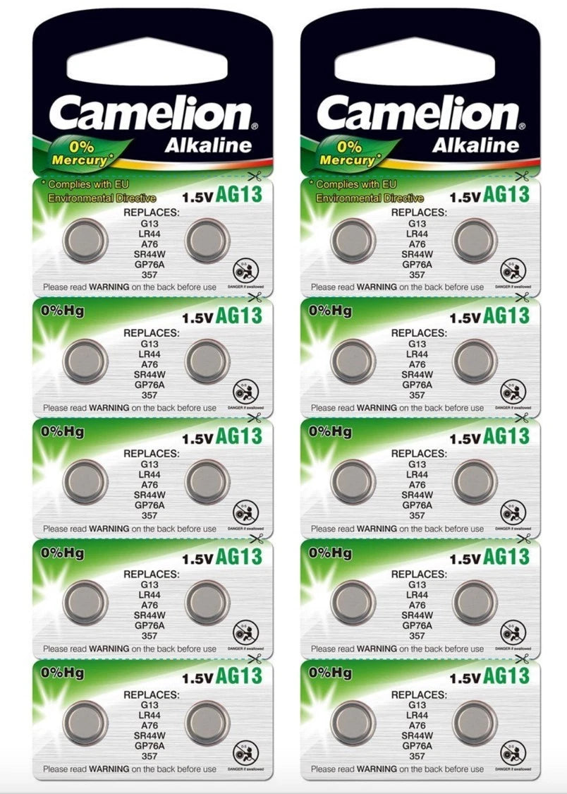 20 Pk Camelion AG13 LR44 357 L1154 A76 PX76A 303 D303 D357 Alkaline Batteries