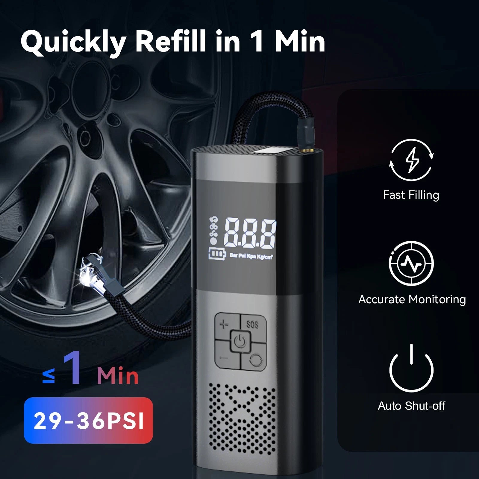 150PSI Cordless Tire Inflator AirCompressor Car Tire Pump W/Rechargeable Battery