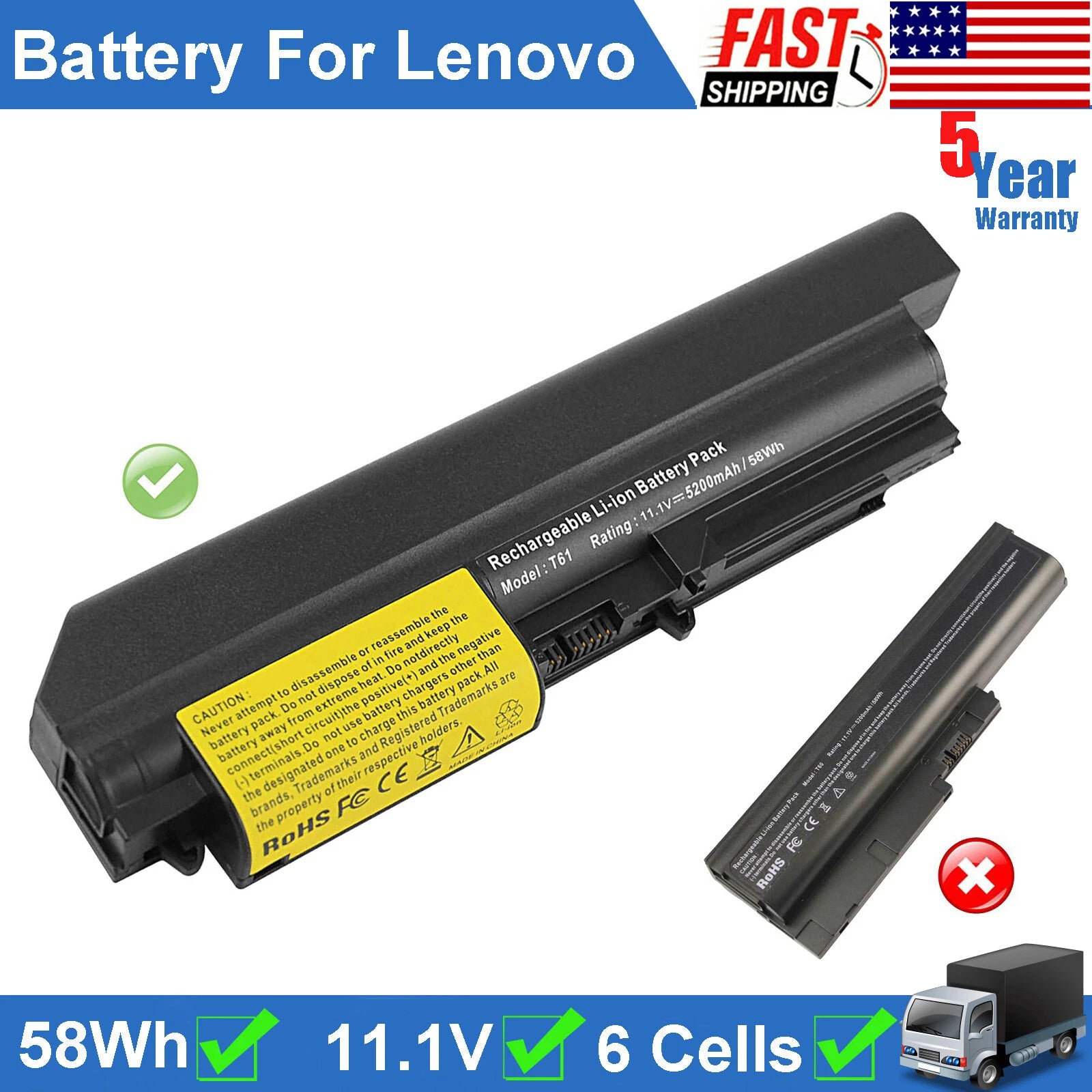 Laptop Battery for Lenovo ThinkPad T400 R400 7443 R61 T61 14.1" Widescreen 58Wh