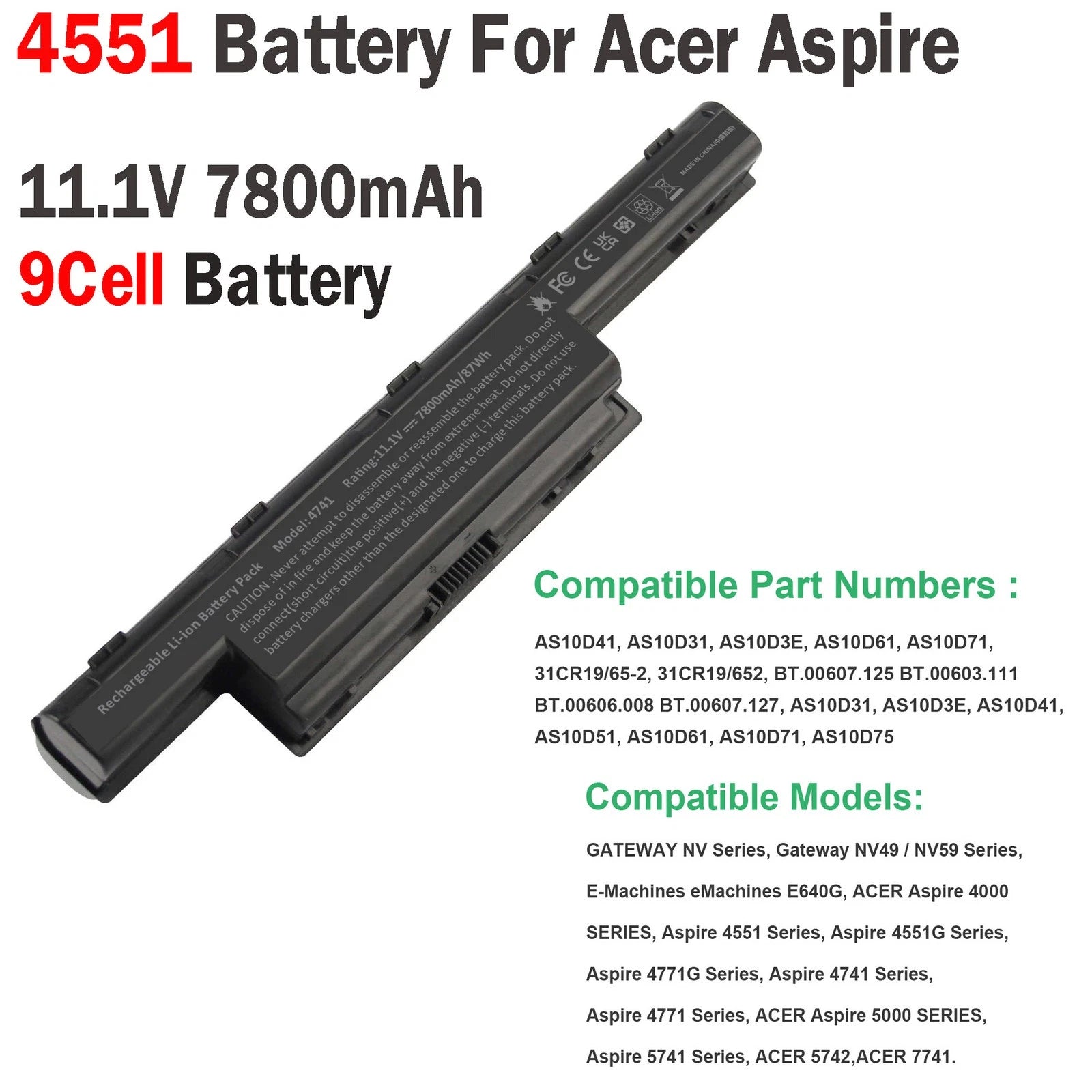 7800mAh AS10D41 Battery For Acer Aspire4000 4551 4551G 4771G 4741 4771 5741 9Cel