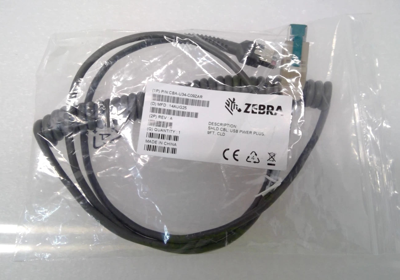 Zebra CBA-U34-C09ZAR USB Power Plus Coiled Cable 9ft for DS4308 DS2208 DS4608