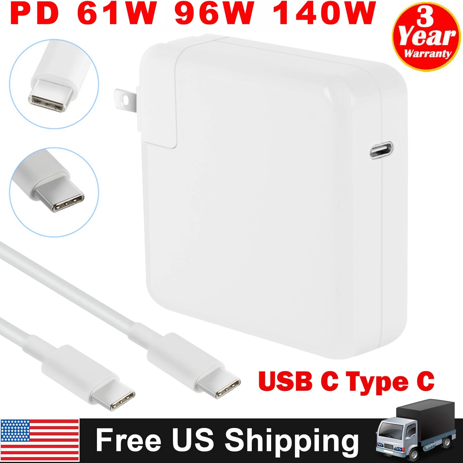 USB-C Power Adapter Charger for Apple Macbook Air Pro iPad Laptop Type-C Cable
