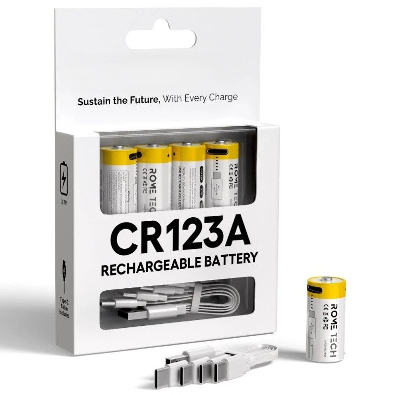 CR123A Rechargeable Batteries 3.7V 700 mAh with USB-C Charging Cable - 4 Pack
