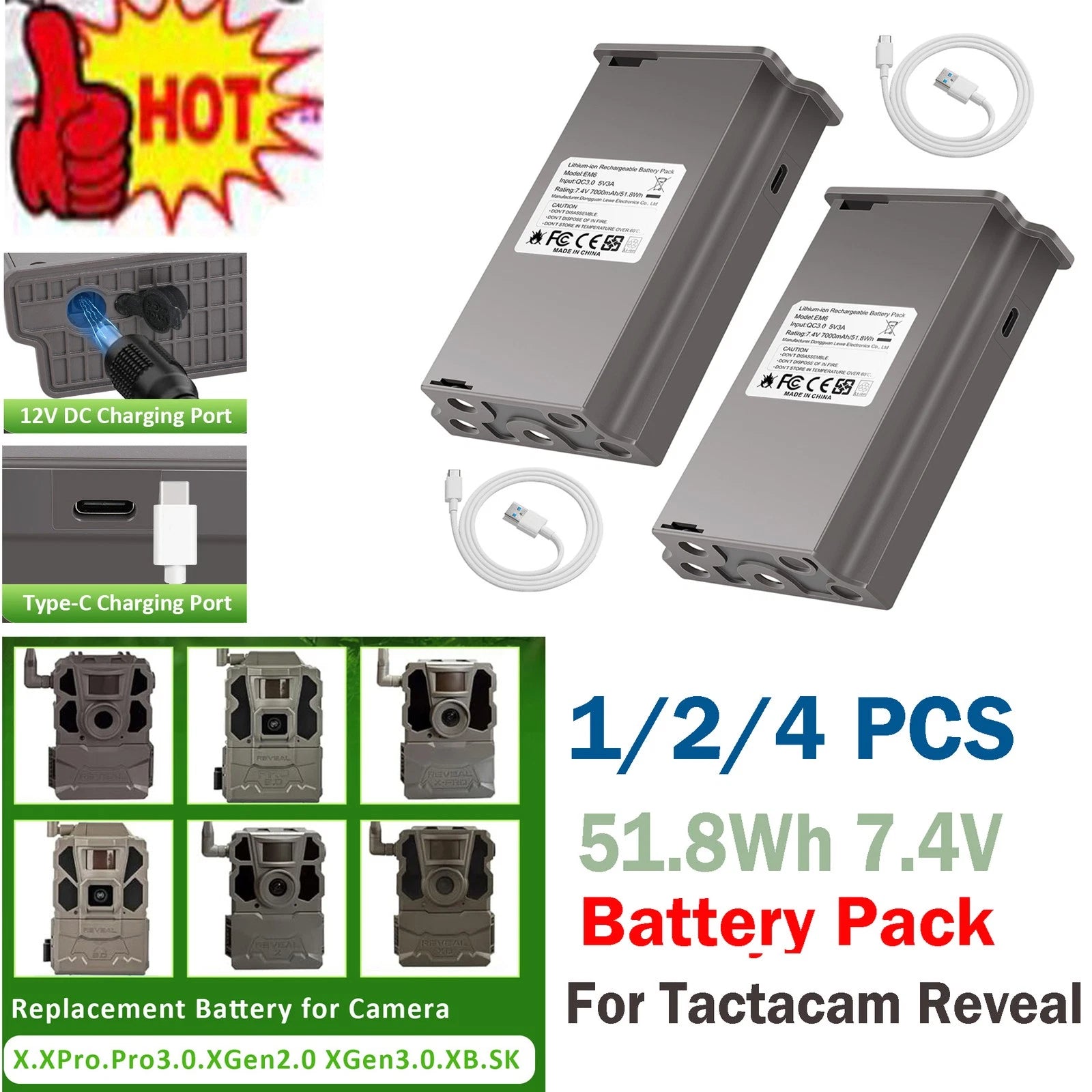 ??1/2/4Pc Replace Battery For Tactacam Reveal Trail Camera X Gen 2.0,3.0,X,X Pro