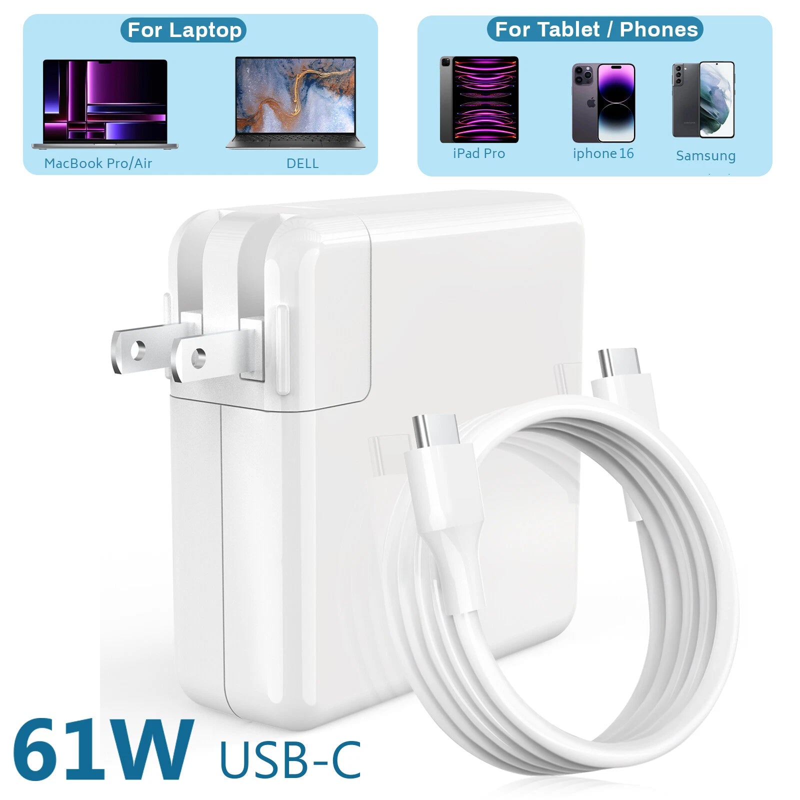 61W USB C Type C Power Adapter For MacBook PRO 13" A1718 A1708 Cable Charger US