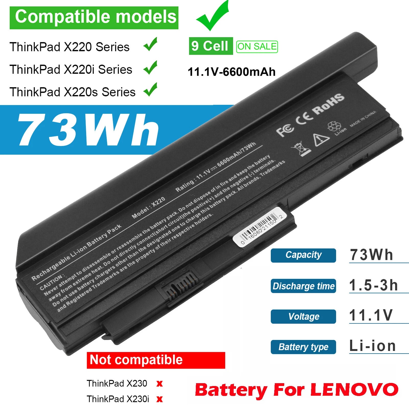 X220 Battery For Lenovo ThinkPad X220i X220s Series 6600mAh 11.1V 6600mAh 9Cell