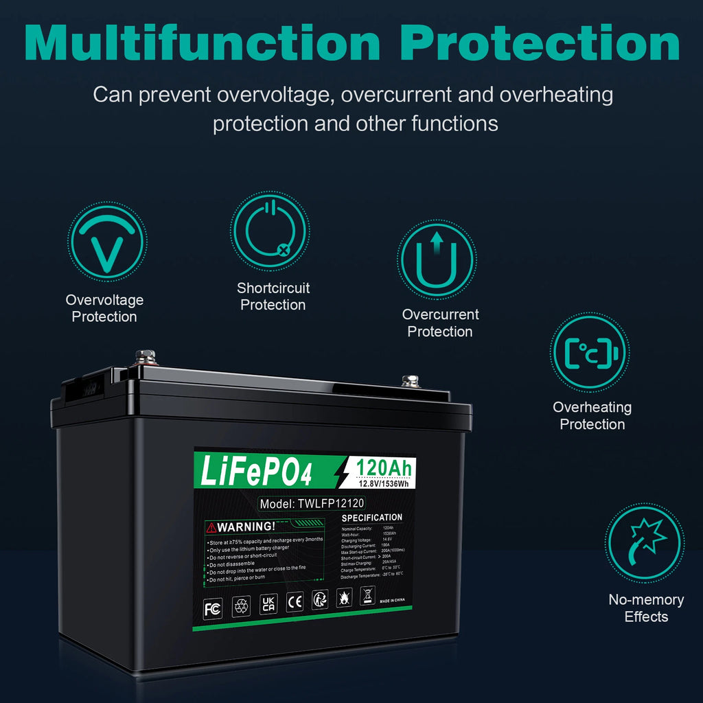 12V 120Ah LiFePO4 Lithium Battery BMS Deep Cycle 20A 24V Smart Battery Charger
