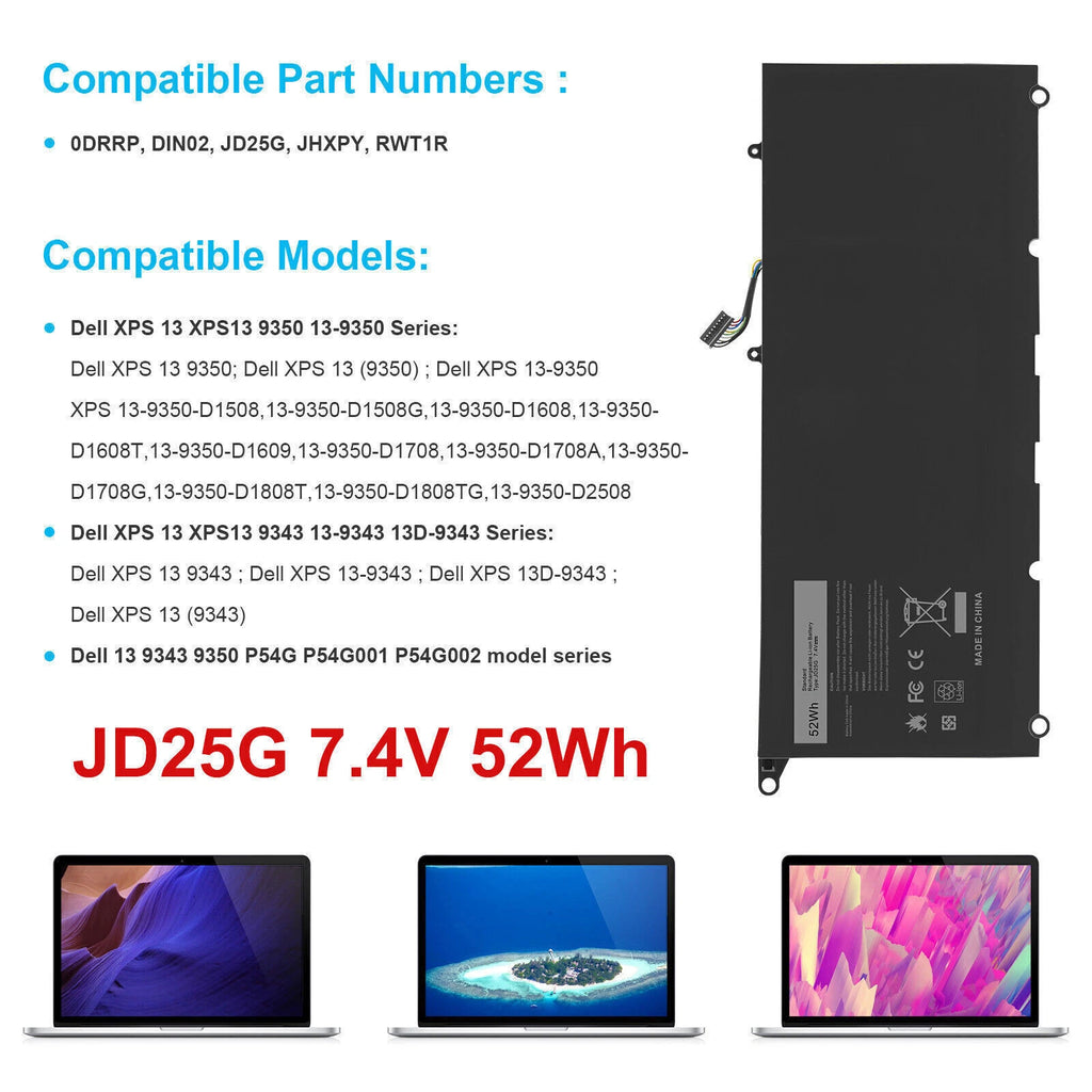 PW23Y/JD25G Battery for Dell XPS 13 9360 XPS 13 9343 9350 13D-9343 7.4V/7.6V New
