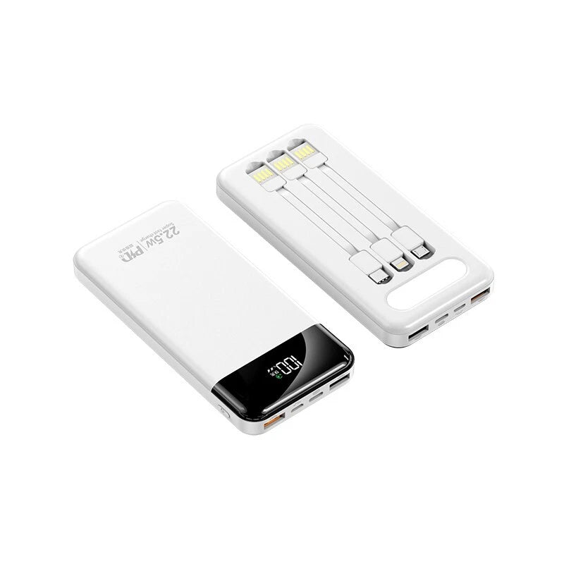 Portable Power Bank 10000mAh Fast Charging Battery with 3 Built in Cable BLK/WHT