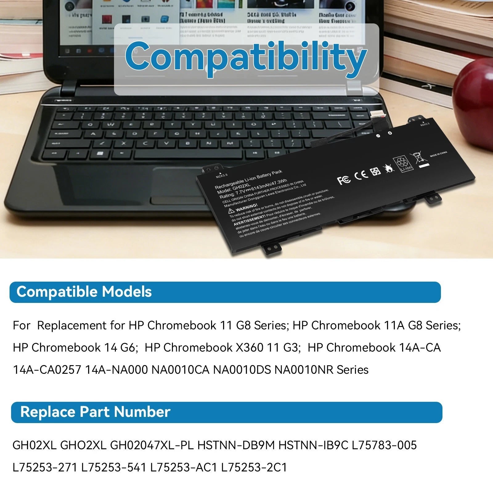 47.3Wh GH02XL Laptop Battery For HP Chromebook 11A G8 11 G8 14 G6 X360 11 G3