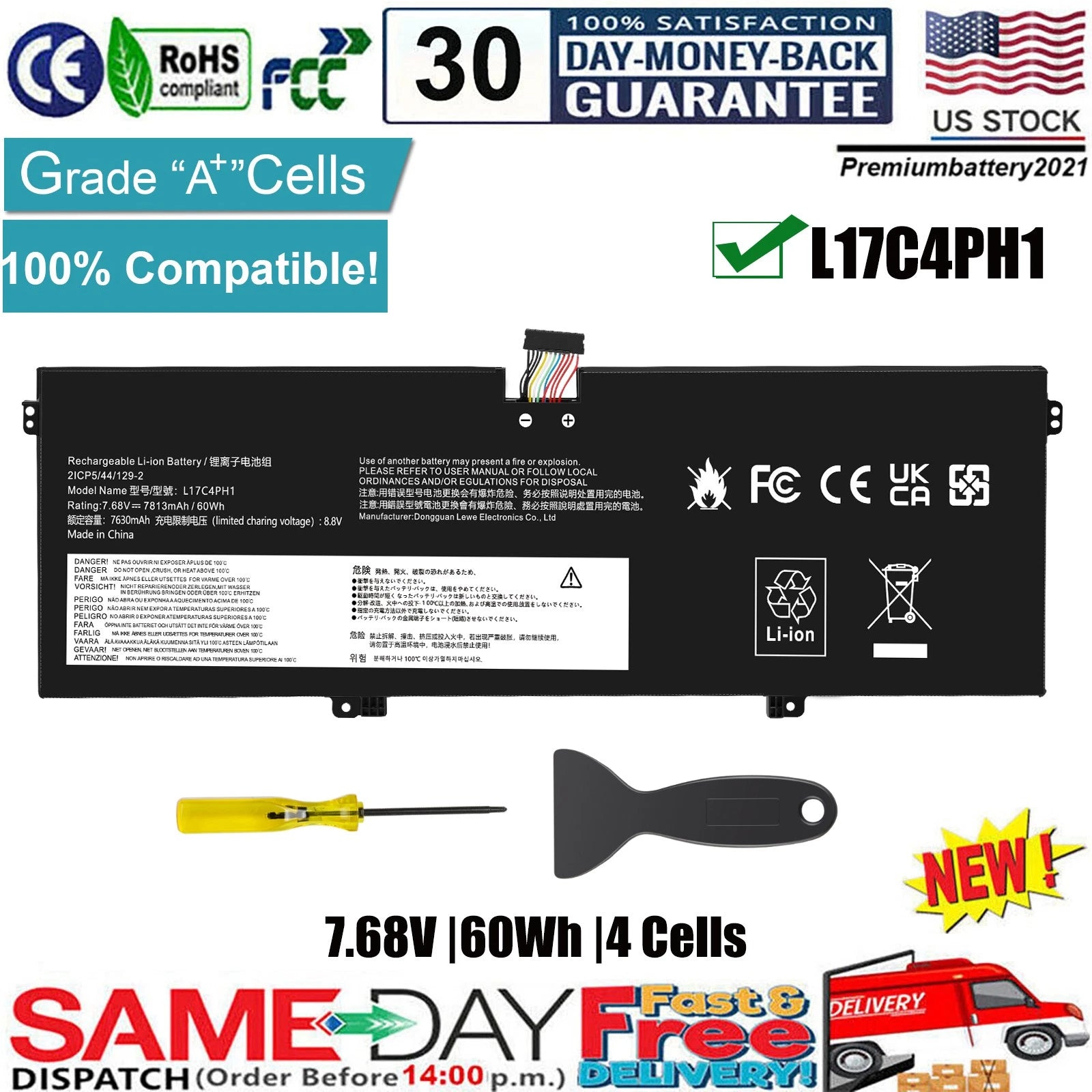 New L17M4PH1 L17C4PH1 Battery for Lenovo YOGA C930-13IKB 81C4 5B10Q82425 60Wh