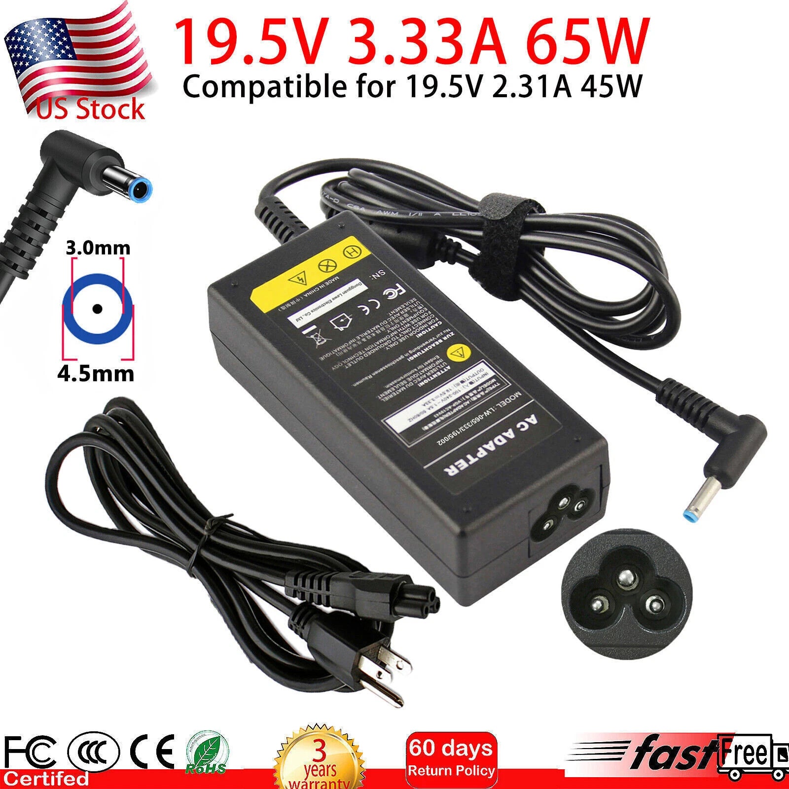 New 65W 19.5V 3.33A Laptop Charger Adapter for HP Pavilion 14, 15 Series Envy US