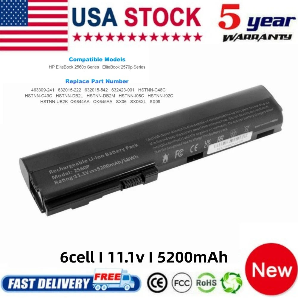 6 Cells Battery for HP Elitebook 2560p 2570p 632015-542 632417-001 SX03 SX09100