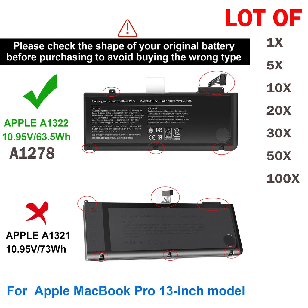 ?LOT 1-100x A1322 Battery For Apple MacBook Pro 13"A1278 Mid 2009 2010 2011 2012