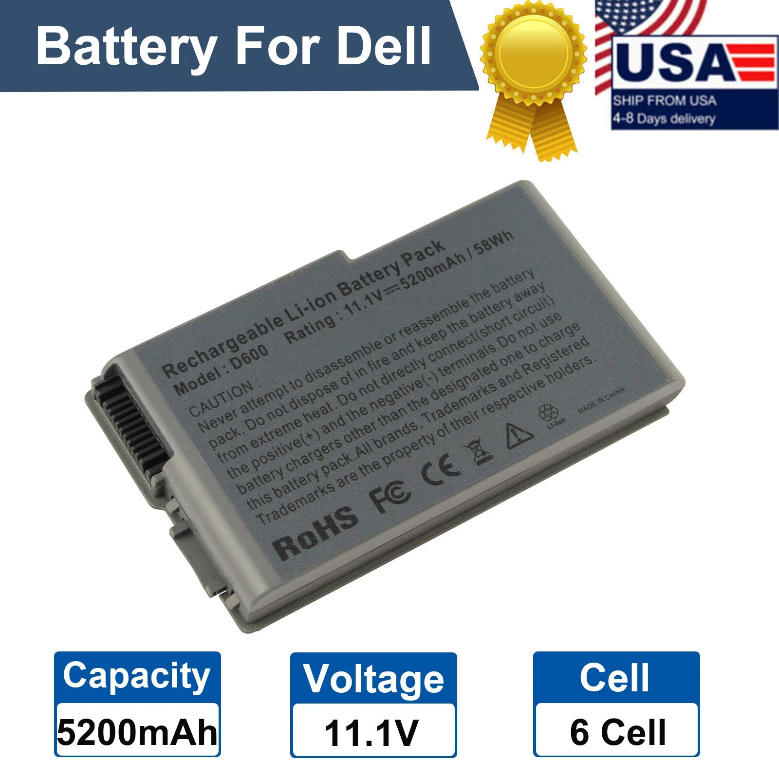 D610 Battery for Dell Latitude D520 D500 D530 D600 Inspiron 500m 510m 600m 58Wh