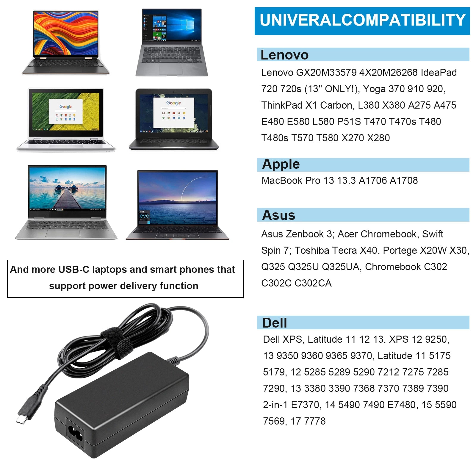 Universal 90W USB-C Type-C AC Adapter PD Power Supply Laptop Charger Cable Cord
