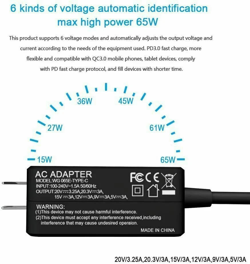 Mini USB-C Type C Laptop Charger Adapter for Lenovo 65W 45W Watts Power Supply