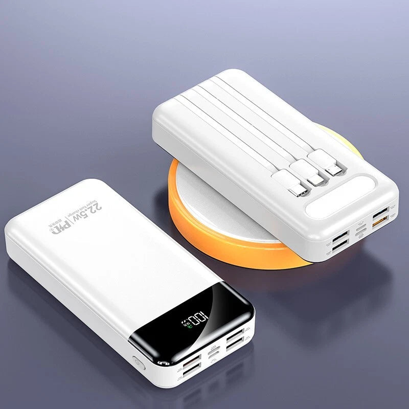 Portable Power Bank 20000mAh Fast Charging Battery with 3 Built in Cable BLK/WHT