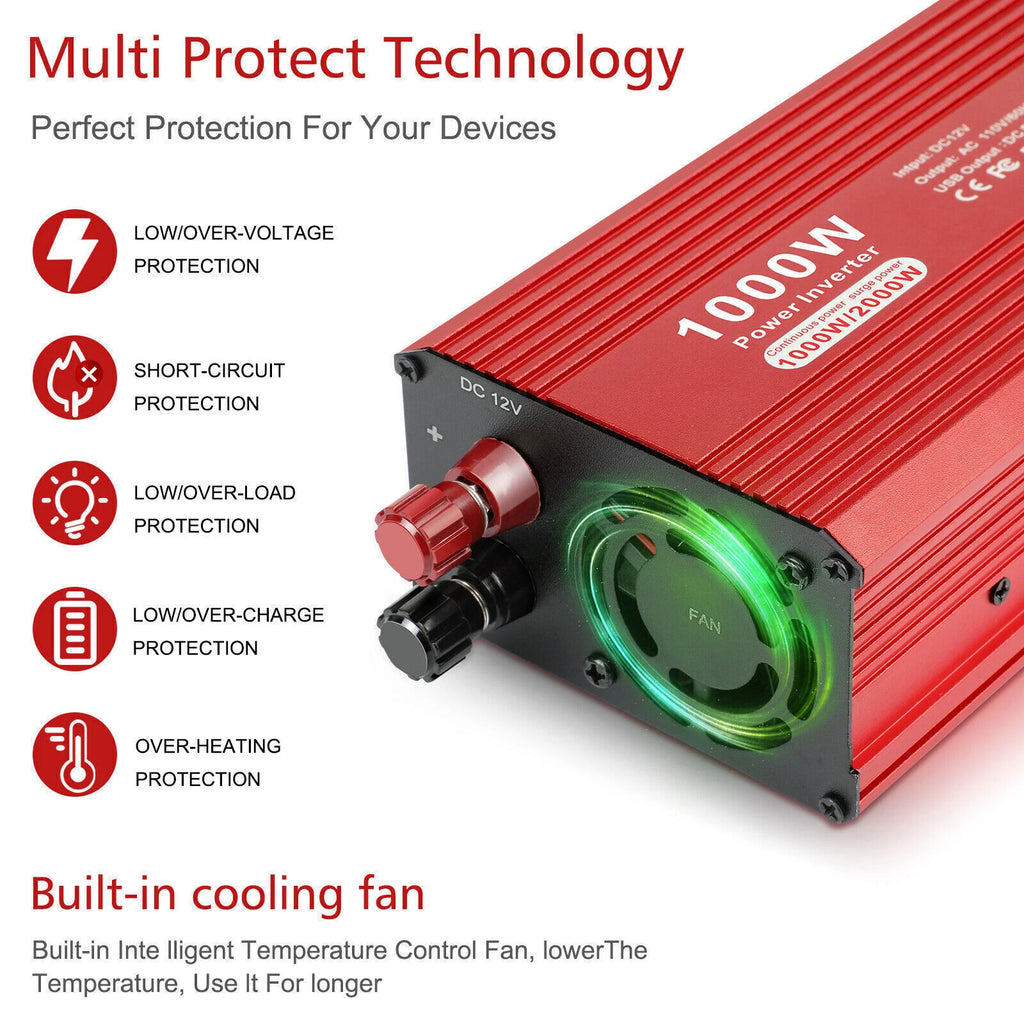 1000W 2000W Car Power Inverter DC 12V To AC 110V 2 AC Outlets RV Car Converter