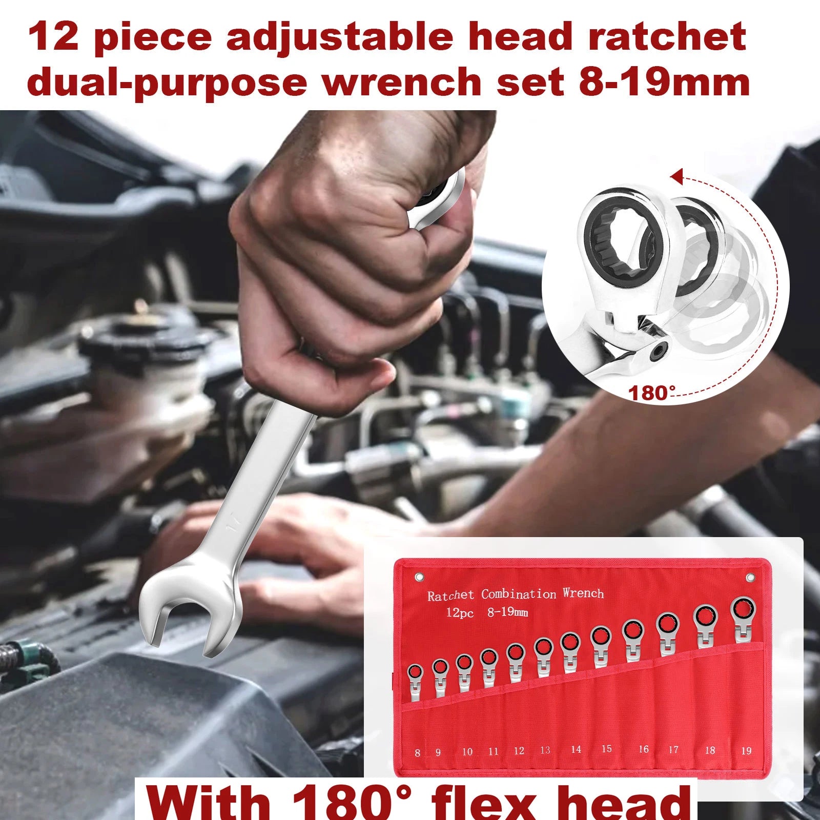 12Pc 8-19mm Metric Flexible Head Ratcheting Wrench Combination Spanner Tool Set