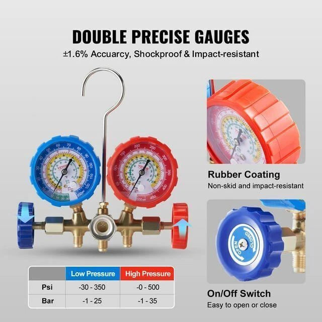 AC Manifold Gauge Set R134A R22 R12 R502 Refrigeration Refrigerator Hose Case
