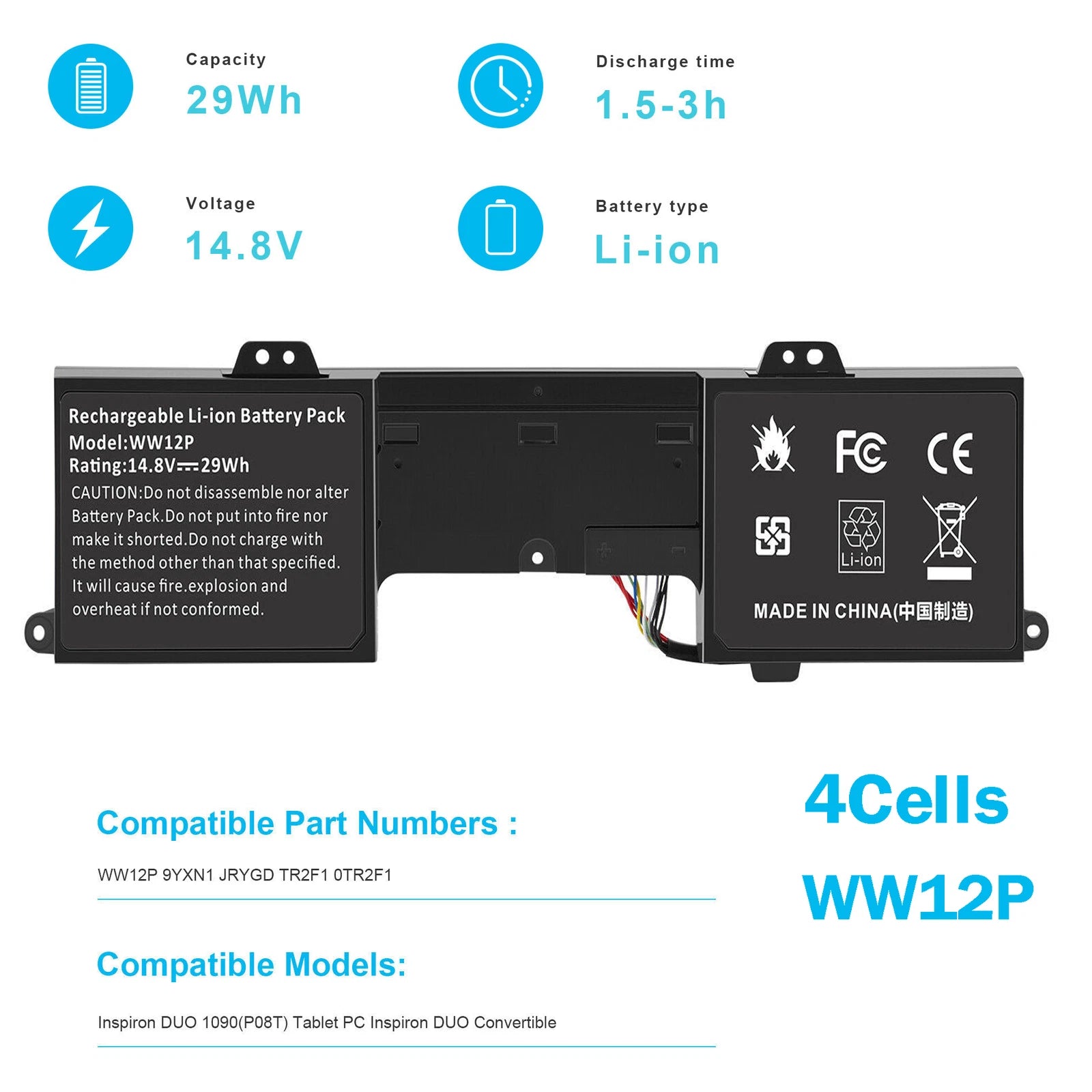 ?Battery WW12P For Dell Inspiron DUO 1090 Tablet PC Convertible 9YXN1 TR2F1 29Wh