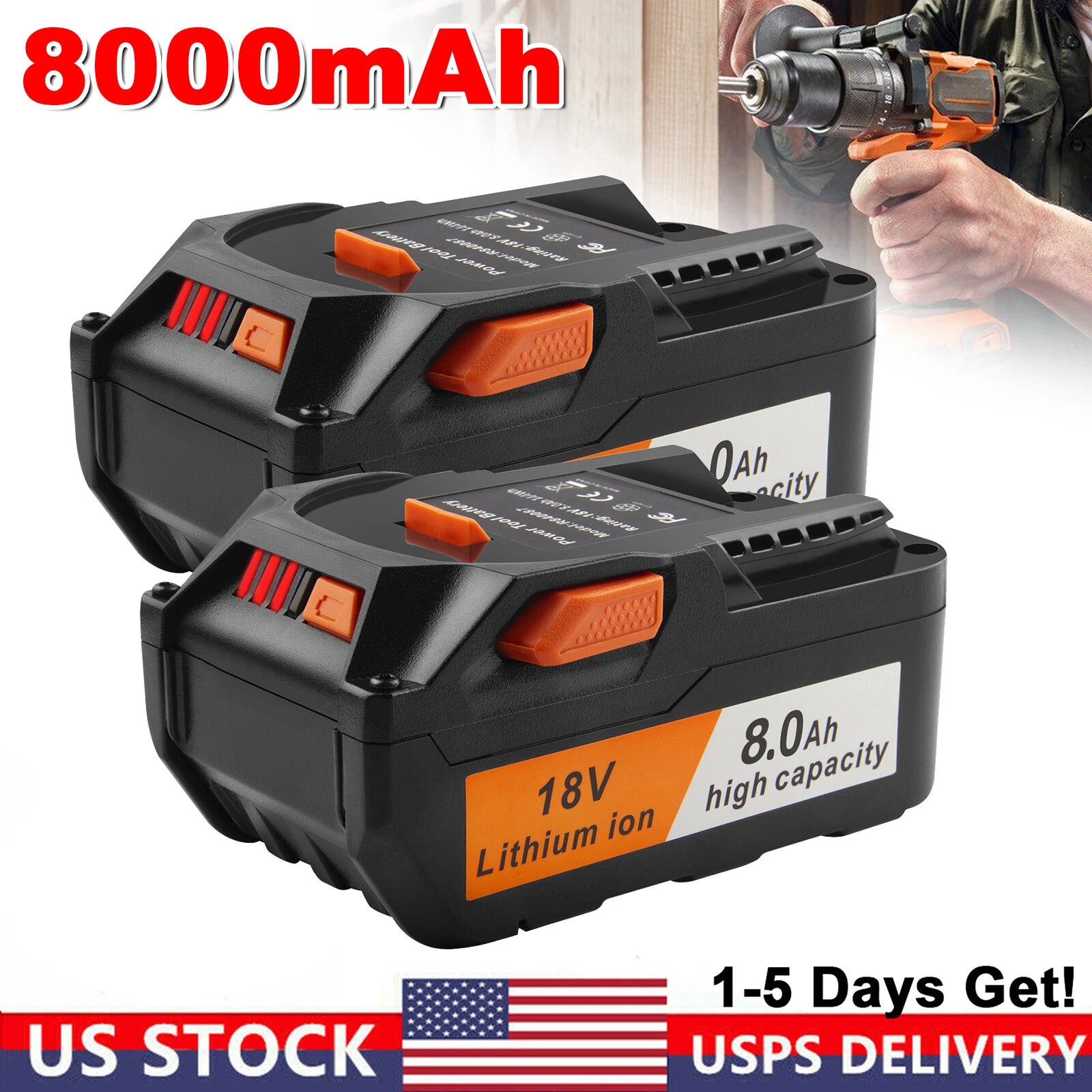 2X 8.0Ah For Ridgid 18V Battery R840087 R840083 R840085 R840084 Rigid Power Tool