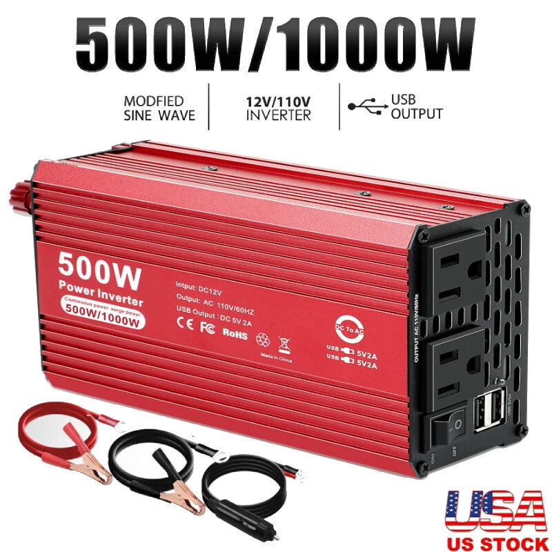 Charger Car Power Inverter DC 12V To AC 110V Converter 500W Watt to 1000W Outlet