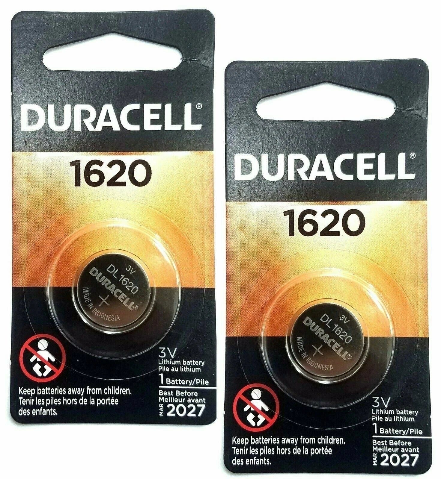 2 x Duracell Lithium CR1620 3V Coin Cell batteries DL1620 ERC1620 KRC EXP:2027