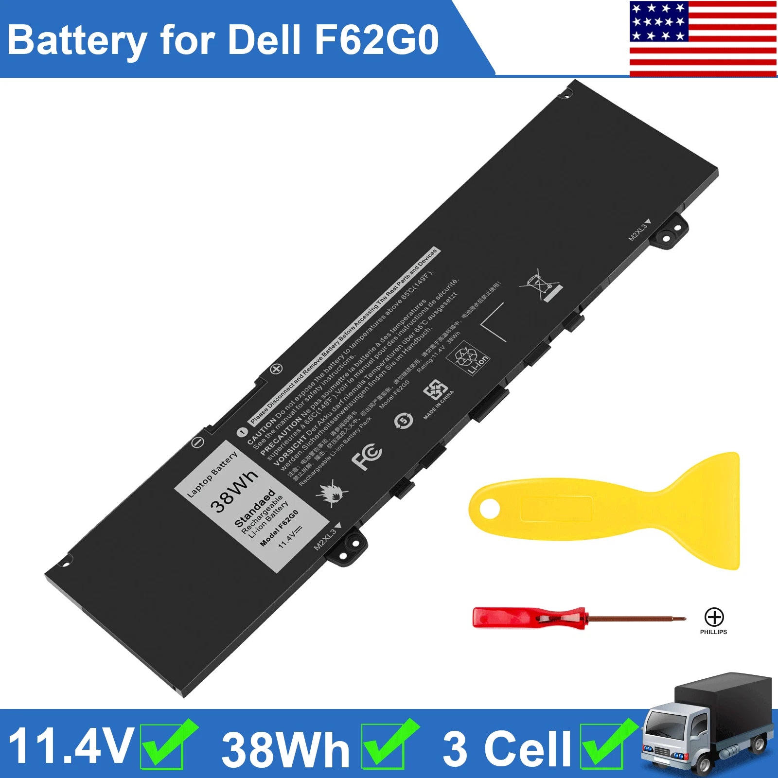 F62G0 Laptop Battery for Dell Inspiron 13 5370 7370 7373 Vostro 5370-D1505G 38Wh