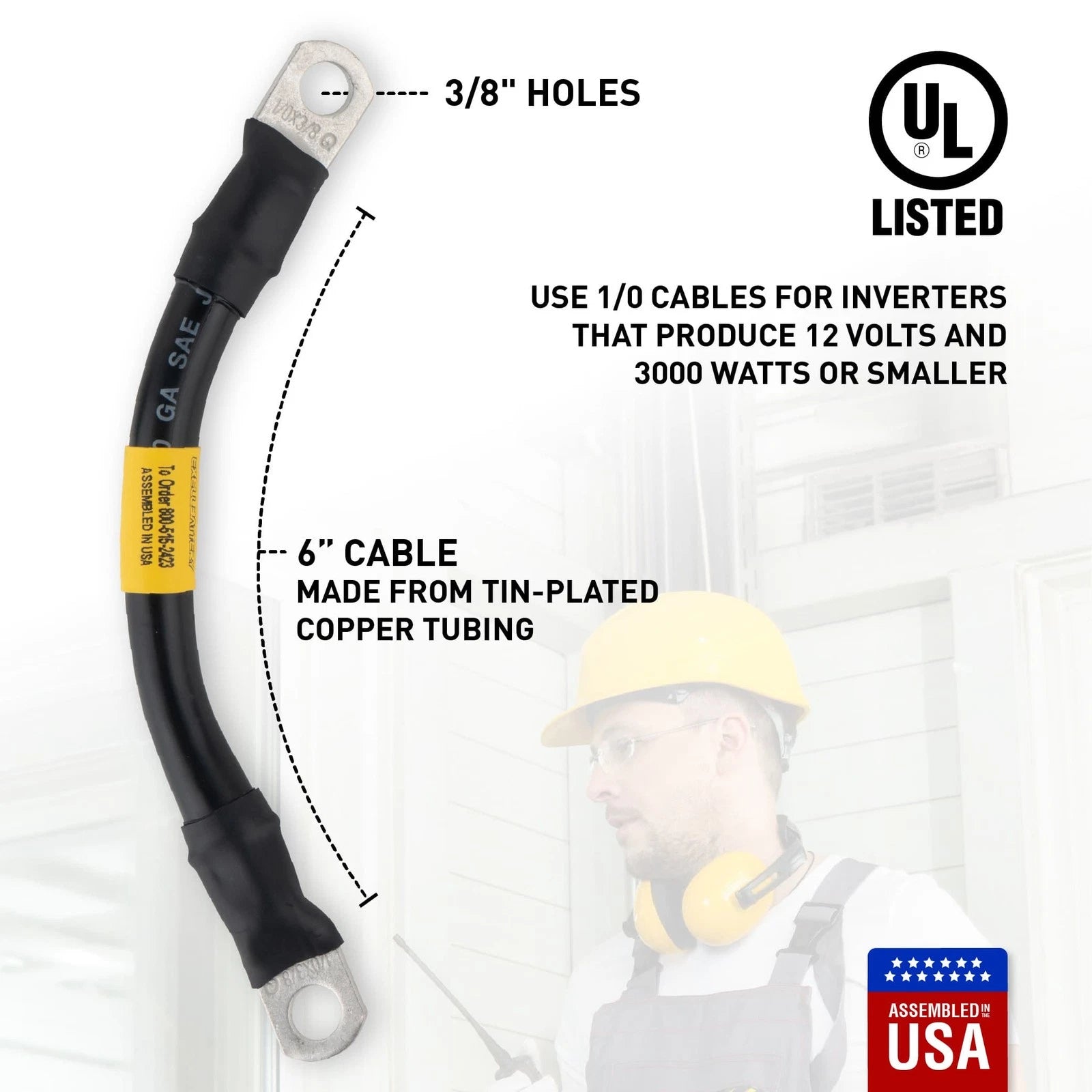 1/0 Black Battery Interconnect Cable 6" with 3/8" Lugs ASSEMBLED IN USA