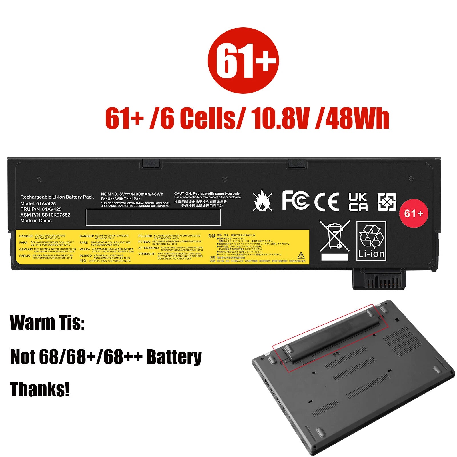 61+ Battery for Lenovo ThinkPad T470 T480 T570 T580 01AV425 01AV426 01AV491 48Wh