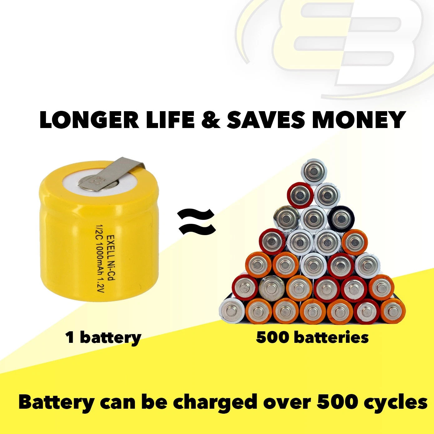 10x Exell 1/2C NiCD 1000mAh 1.2V Flat top Rechargeable Battery with Tabs