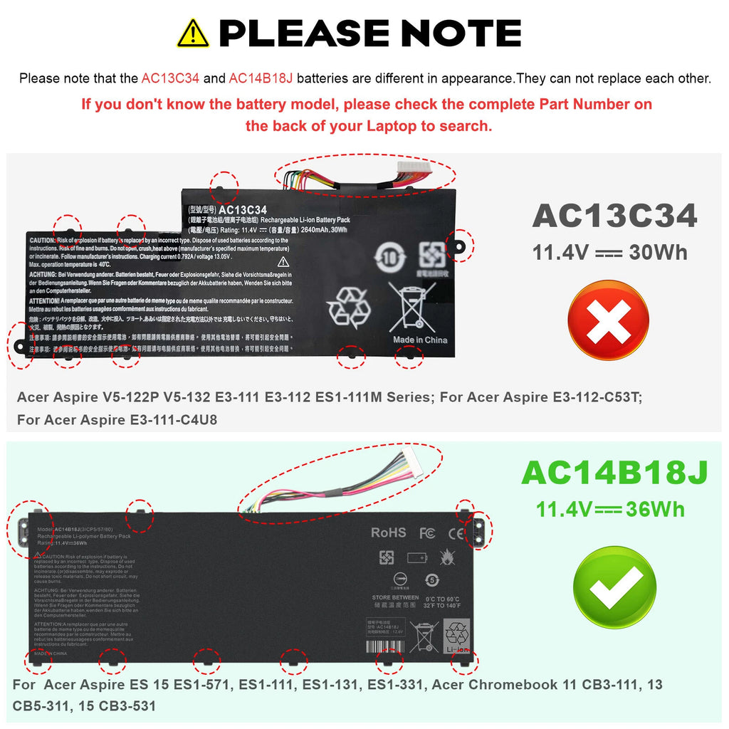 ?AC14B13J AC14B18J Battery 36Wh For ACER ASPIRE ES1-571 ES1-533 3ICP5/57/80 US