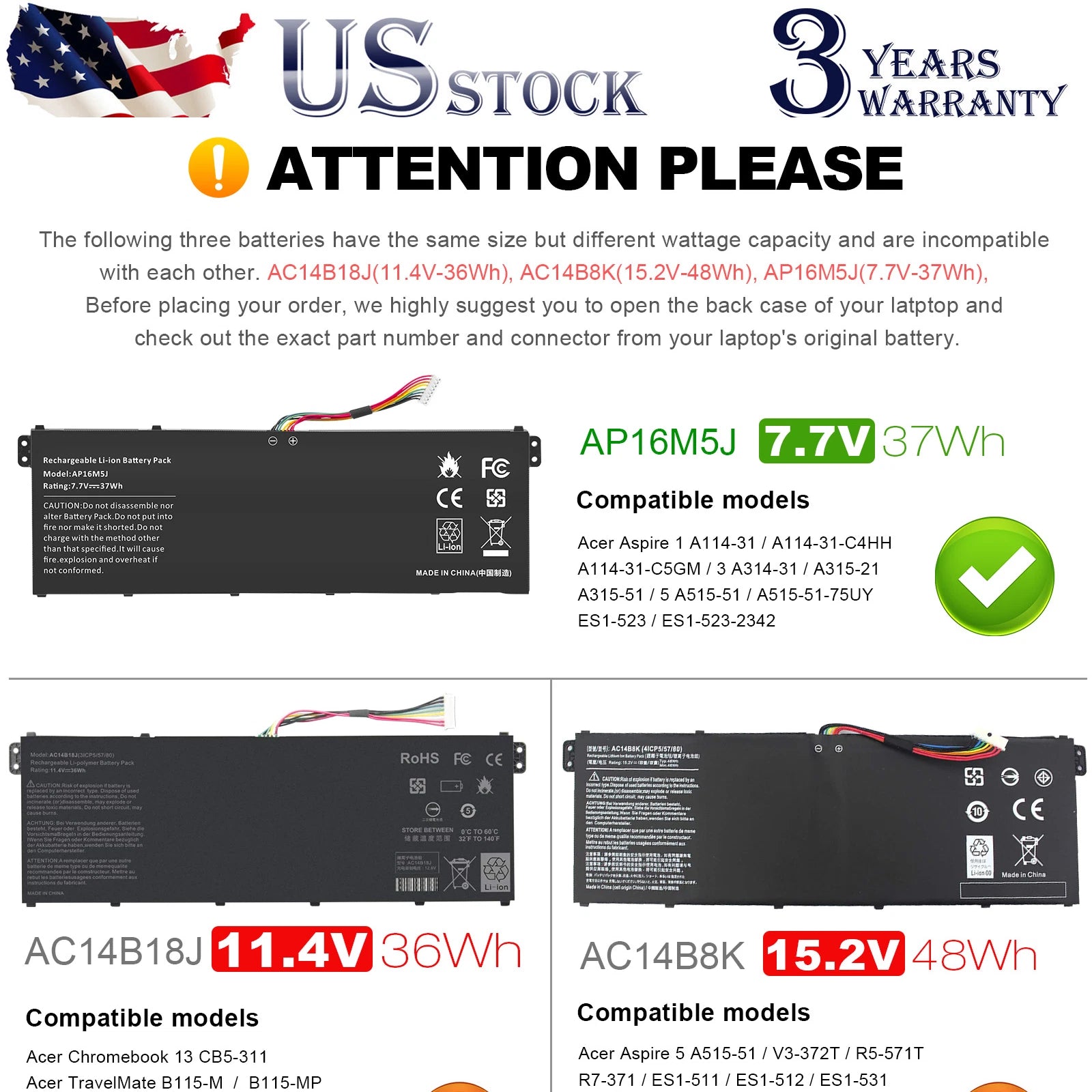 AC14B18J AC14B8K AP16M5J Battery for Acer Aspire 5 A515-51 A515-51G R7-371T/372T