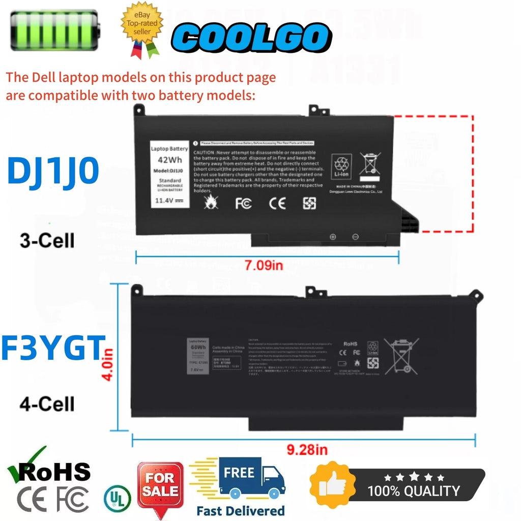DJ1J0/F3YGT Battery for Dell Latitude 7280 7290 7380 7390 7480 7490 /Charger