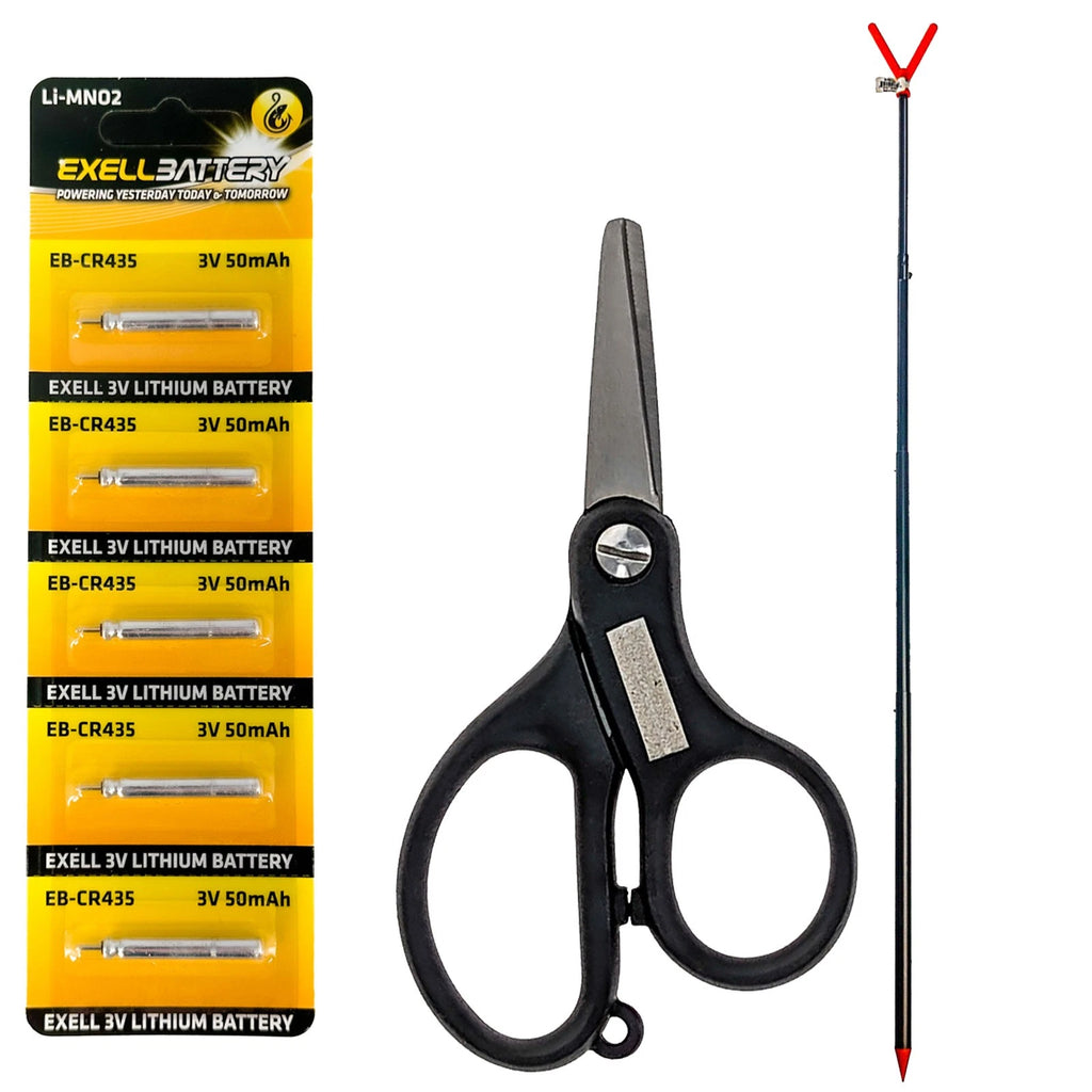 Handy Fishing Kit: 5pc CR435 Bobber Batteries, Fish Line Scissors and Rod Holder