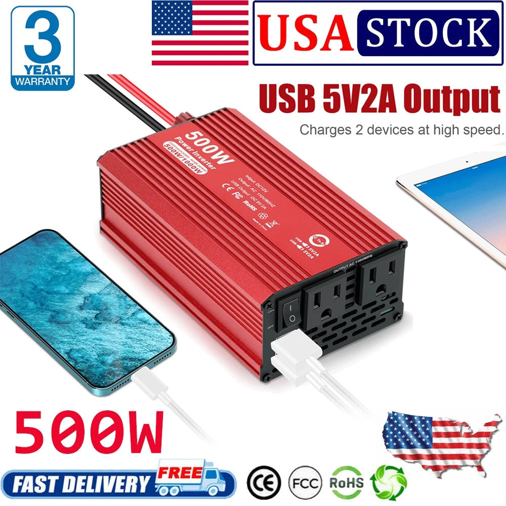 500W/1000W Dual DC 12V to 110V AC Outlets Power Inverter Car Adapter 2 USB Ports