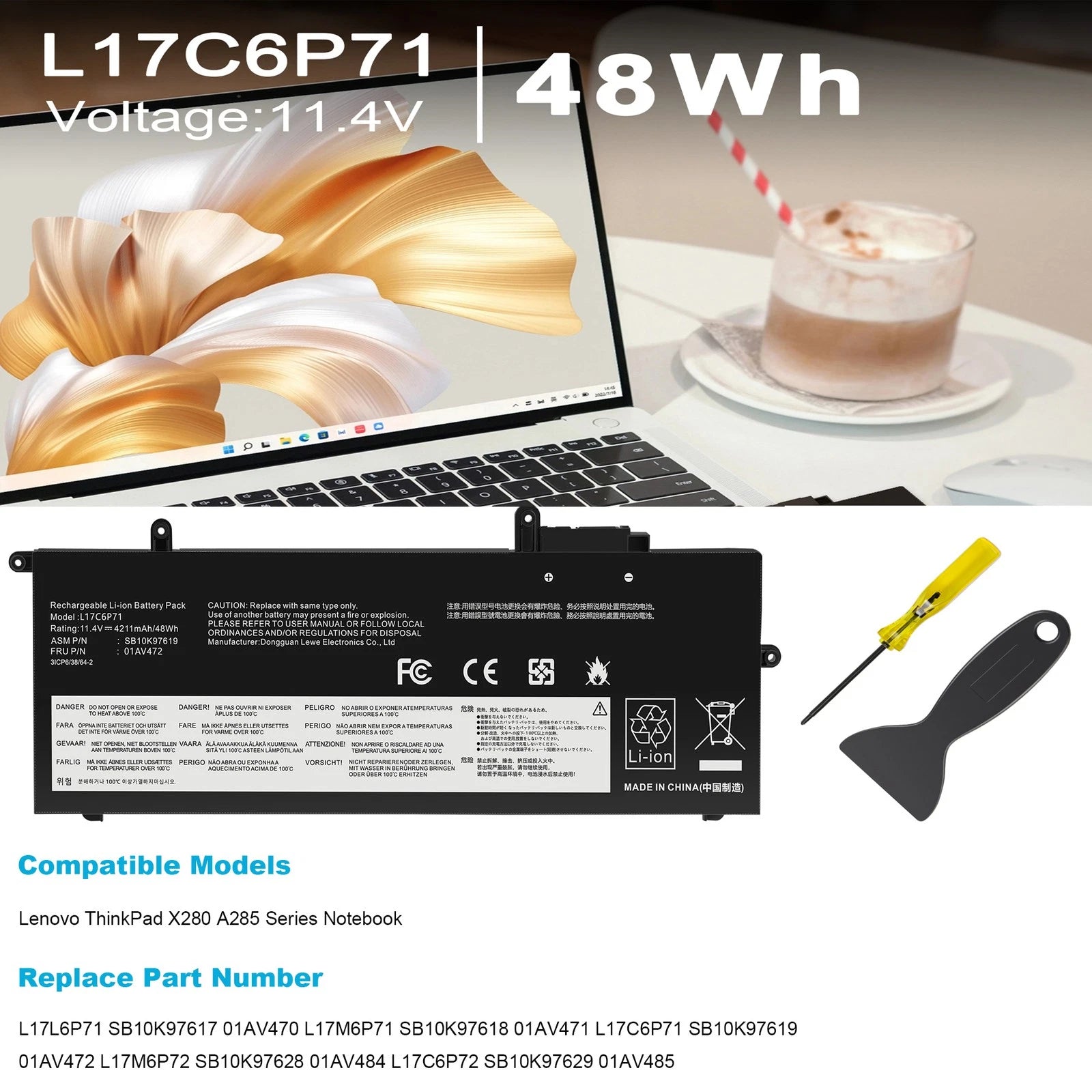 Battery 01AV470 01AV471 L17C6P71 L17M6P71 L17L6P71 For Lenovo ThinkPad X280 48WH