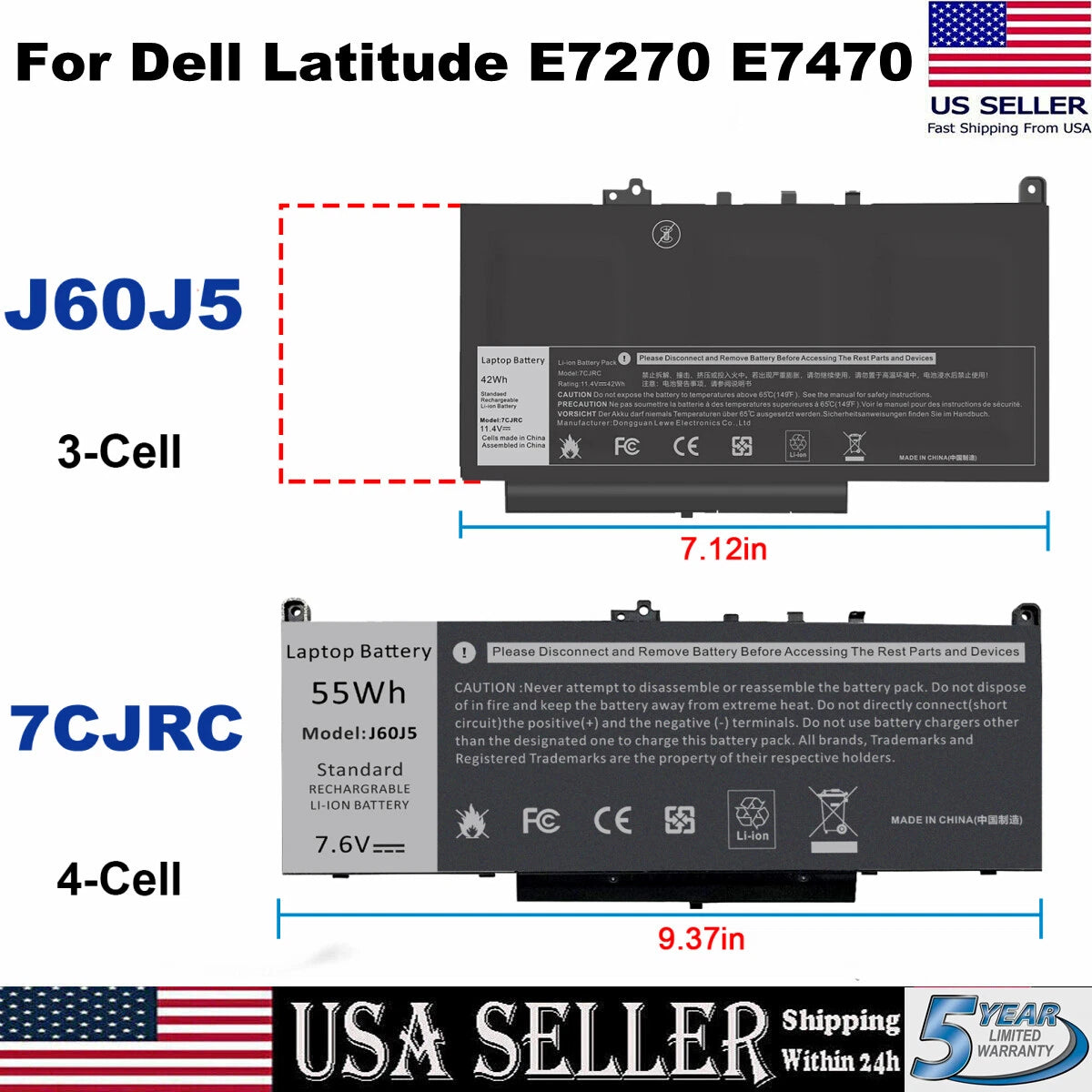 ?J60J5/7CJRC Battery For Dell Latitude E7270 E7470 7470 7270 MC34Y /Charger