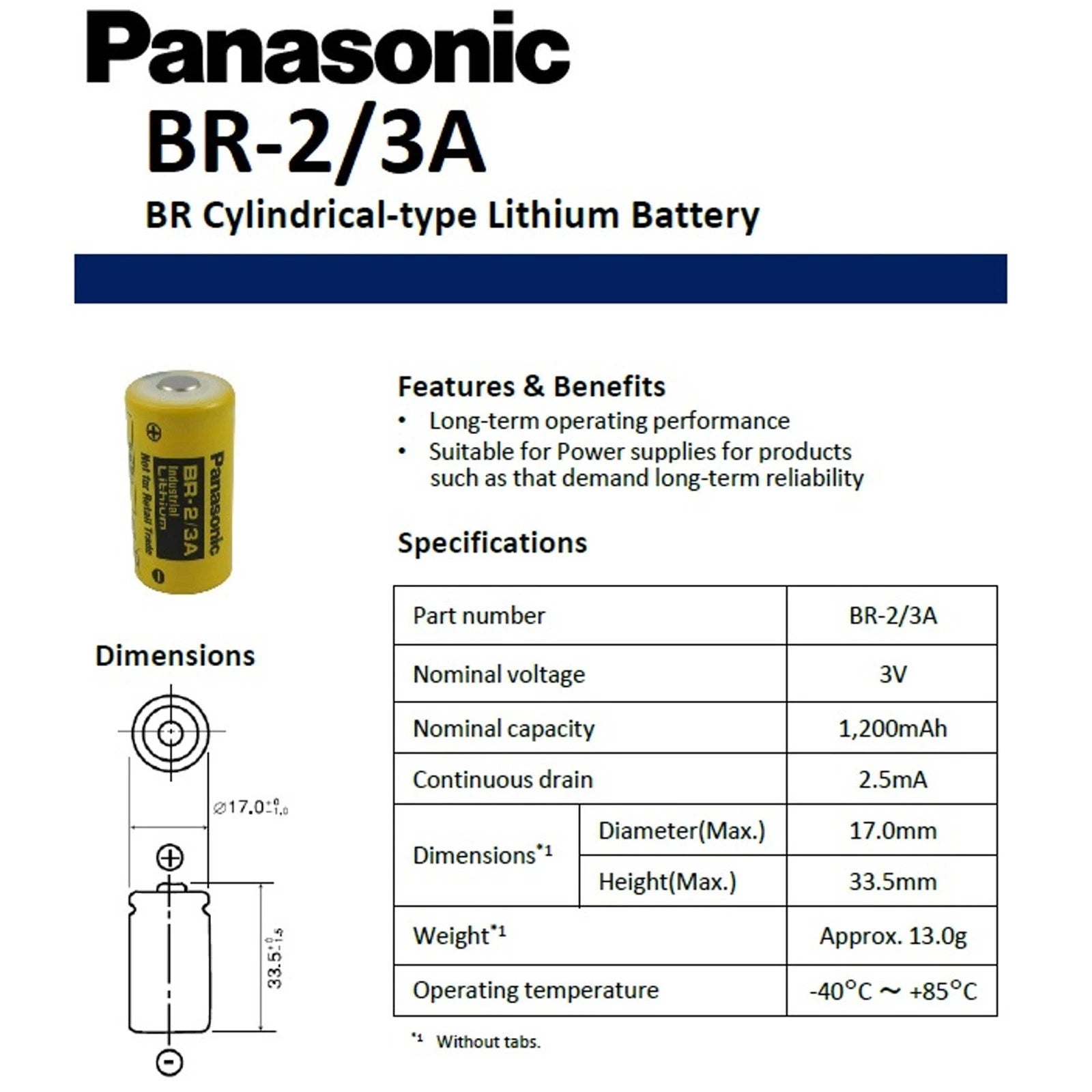 Panasonic BR-2/3ASSPN, BR-2/3A 3 Volt 1200mAh Lithium Battery