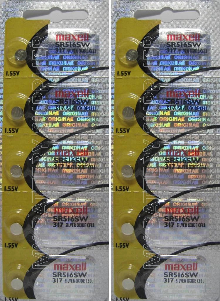 10 Maxell 317 (SR516SW) Coin Cell Silver Oxide Batteries