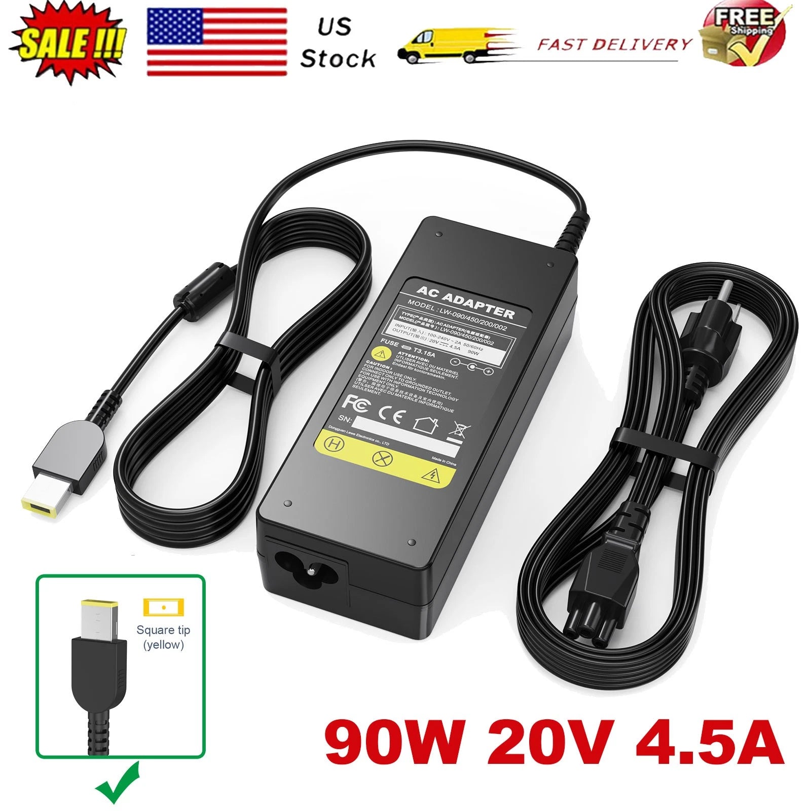 90W 20V 4.5A-SQUARE SLIM TIP For Lenovo ThinkPad Laptop AC Charger Adapter