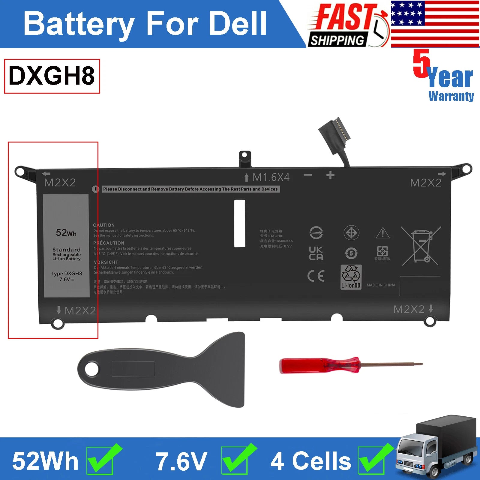 DXGH8 Battery For DELL XPS 13 9370 9380 7390 Inspiron 7390 7391 2-in-1 Series