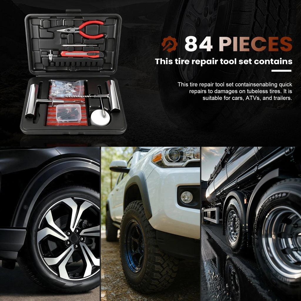 84PCS Tire Puncture Repair Kit Heavy Duty Offroad Plugs For Tubeless Tire Auto