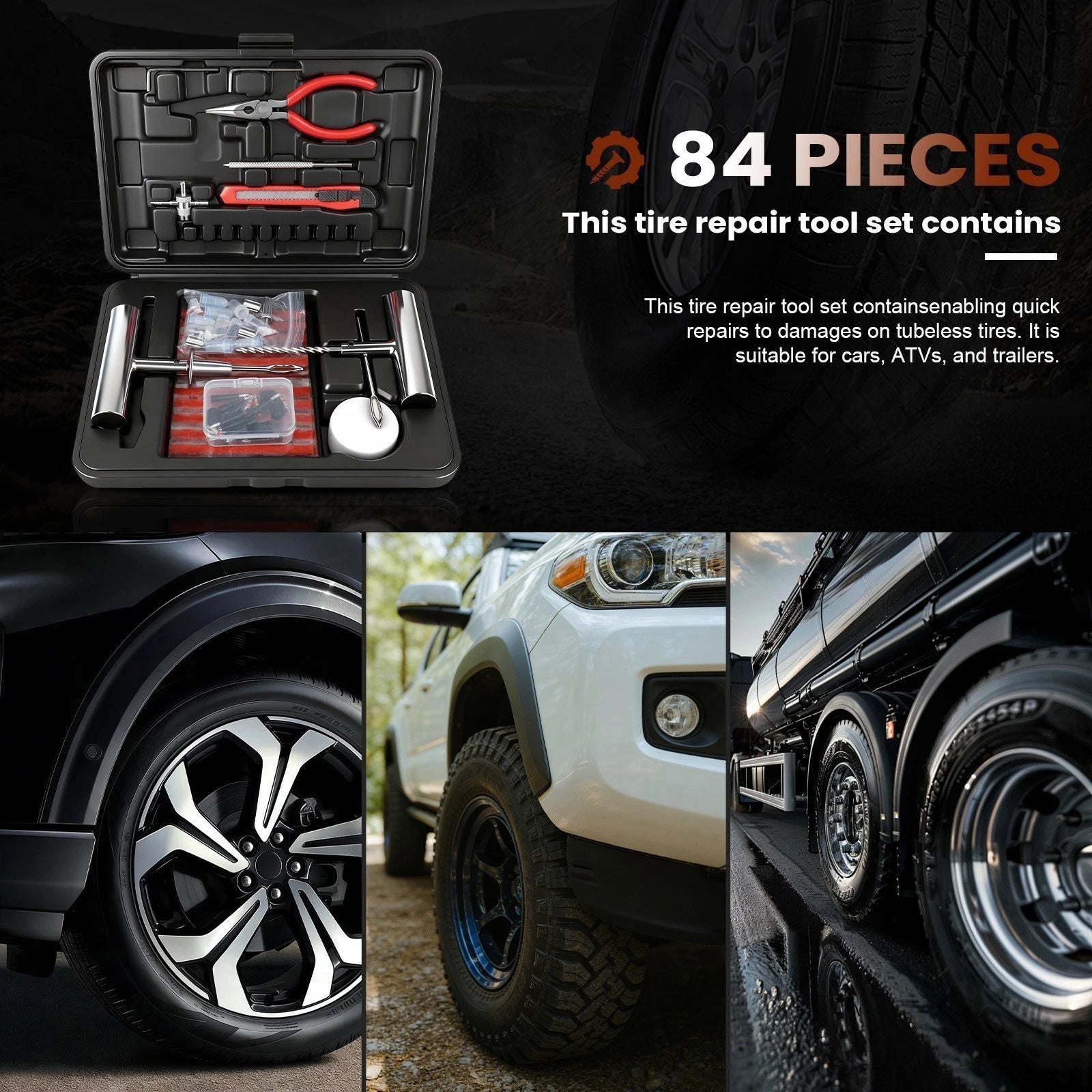 84PCS Tire Puncture Repair Kit Heavy Duty Offroad Plugs For Tubeless Tire Auto