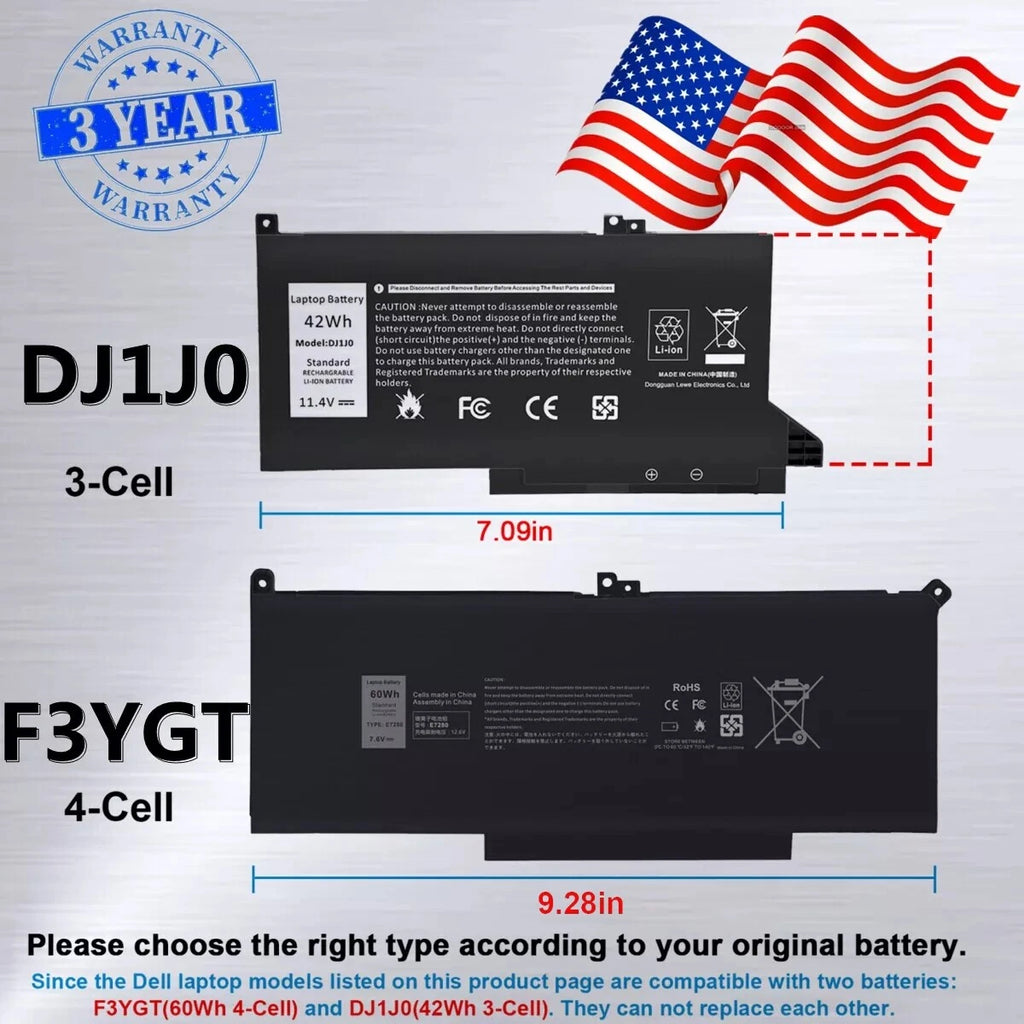 DJ1J0 F3YGT Battery For Dell Latitude 12 7280 7290 13 7380 7390 14 7480 7490 US