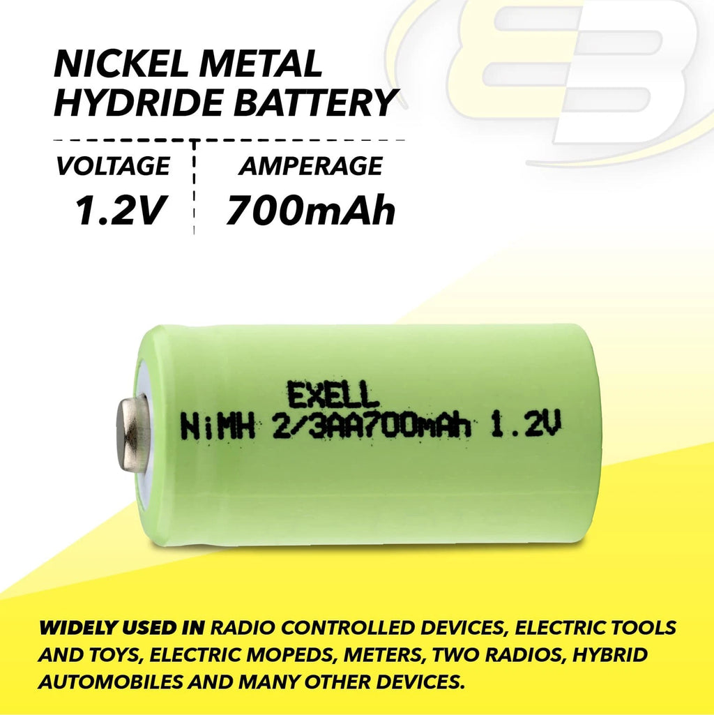 16x Exell 2/3AA NiMH 700mAh 1.2V Button top Rechargeable Battery